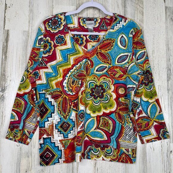 Chico's Floral Art Top Shirt Women’s Size 1 Medium Lightweight Boho Print Blouse - Picture 1 of 8